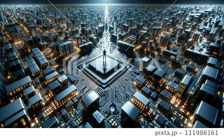 半導体の回路に立つ男性 111986161