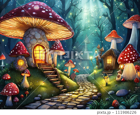 森の中の赤いキノコの家と石畳の道 AI生成画像のイラスト素材