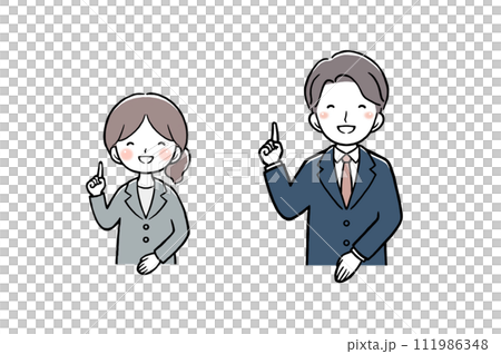 一個穿著西裝的女人和一個男人互相指著 111986348