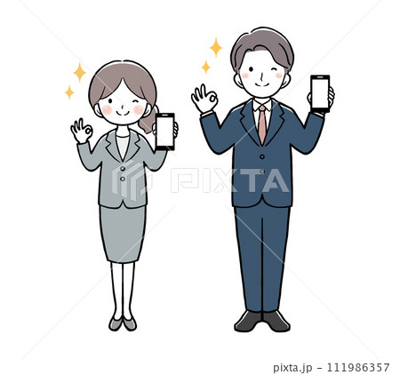 スマホを持ってOKサインをするビジネスウーマンとビジネスマン スマホを持ってOKサインをするビジネスウーマンとビジネスマン 111986357