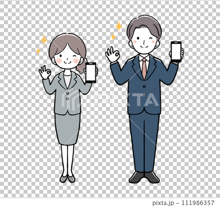 スマホを持ってOKサインをするビジネスウーマンとビジネスマン スマホを持ってOKサインをするビジネスウーマンとビジネスマン 111986357