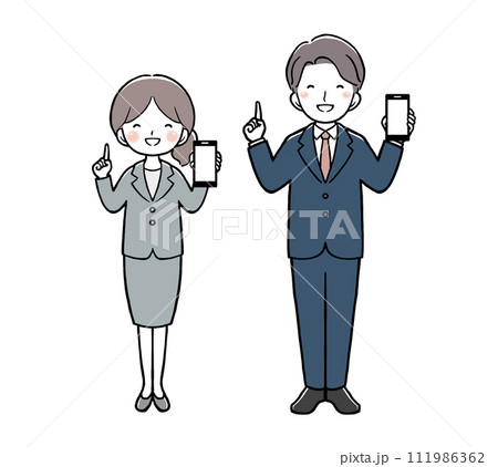 スマホを持って指差しをするビジネスウーマンとビジネスマン スマホを持って指差しをするビジネスウーマンとビジネスマン 111986362
