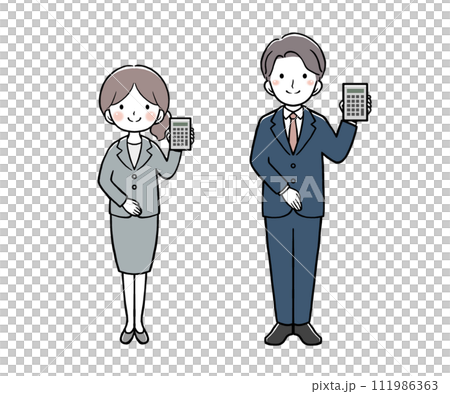 Businesswoman and businessman with a calculator 111986363