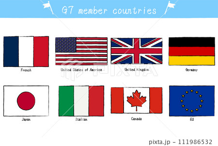 G7加盟国の国旗セット、手描き風 111986532