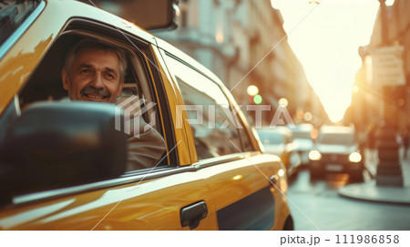 taxi driver Enjoying Taxi Ride in City 111986858