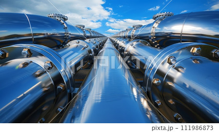 Industrial Steel Pipes Against Blue Sky 111986873