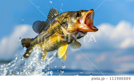 Largemouth Bass Jumping Out of Water 111986889