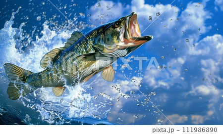 Largemouth Bass Jumping Out of Water 111986890
