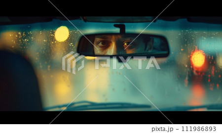Intense Gaze Reflected in Rearview Mirror on Rainy Evening 111986893