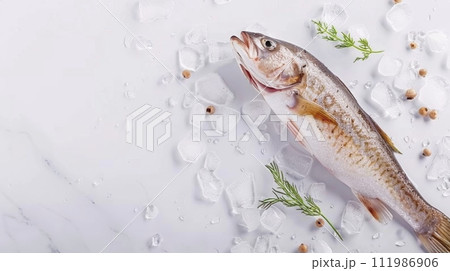 Whole Raw Fish on Ice with Herbs and Spices 111986906
