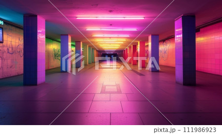 Neon-Lit Underground Passage with Graffiti 111986923