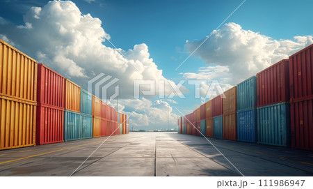 Colorful Cargo Containers Under Cloudy Sky at Freight Terminal Colorful Cargo Containers Under Cloudy Sky at Freight Terminal 111986947