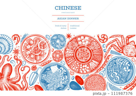 Chinese Cuisine Design Template. Vector Hand Drawn Asian Food Banner. Vintage Style Menu Illustration. Chinese Cuisine Design Template. Vector Hand Drawn Asian Food Banner. Vintage Style Menu Illustration. 111987376