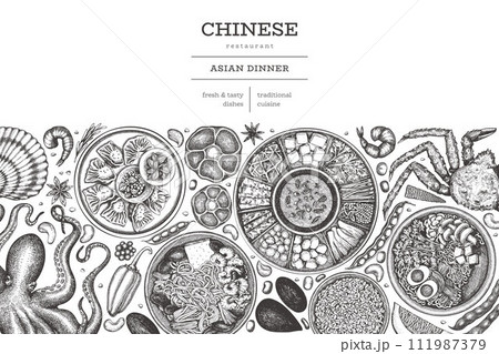 Chinese Cuisine Design Template. Vector Hand Drawn Asian Food Banner. Vintage Style Menu Illustration. 111987379