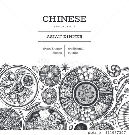 Chinese Cuisine Design Template. Vector Hand Drawn Asian Food Banner. Vintage Style Menu Illustration. Chinese Cuisine Design Template. Vector Hand Drawn Asian Food Banner. Vintage Style Menu Illustration. 111987397