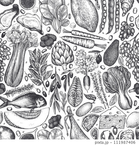 Mediterranean Cuisine Seamless Vector Pattern. Vector Hand Drawn Healthy Food Background. Vintage Style Menu Illustration. 111987406