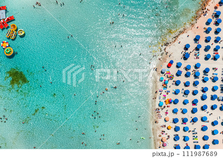 Overhead view of the most popular beach in Cyprus - Nissi beach 111987689
