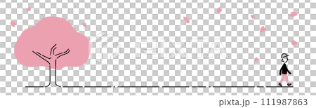 桜を背に歩くキャップを被った男性 111987863