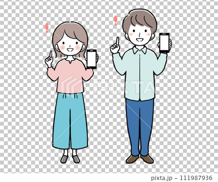 スマホを持って指差しをする私服の女性と男性 111987936