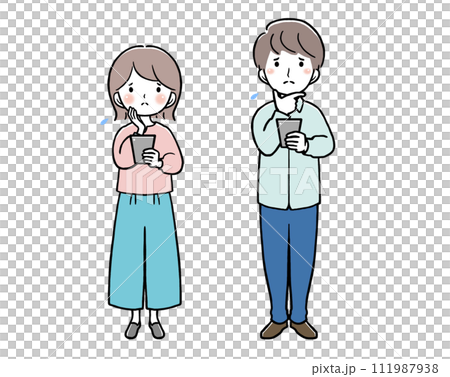 A woman and a man in plain clothes are having trouble holding a smartphone. 111987938
