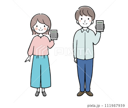 電卓を持っている私服の女性と男性 111987939