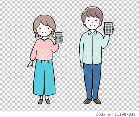 電卓を持っている私服の女性と男性 111987939