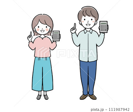 電卓を持って指差しをする私服の女性と男性 電卓を持って指差しをする私服の女性と男性 111987942