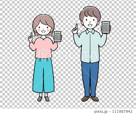電卓を持って指差しをする私服の女性と男性 電卓を持って指差しをする私服の女性と男性 111987942