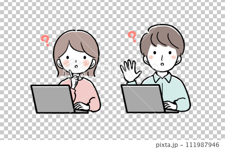 A woman and a man in casual clothes wonder in front of a computer A woman and a man in casual clothes wonder in front of a computer 111987946