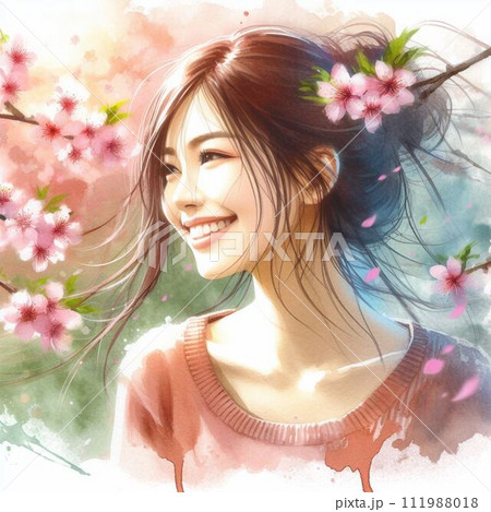 桜に囲まれて微笑む美しい女性 111988018