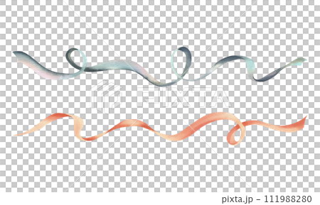 Long twisted satin and silk ribbons in peach fuzz and blue-turquoise colors. Hand drawn watercolor illustration. Set of elements isolated from background. 111988280