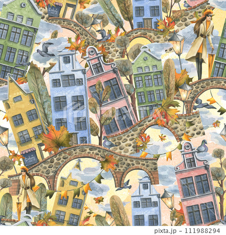 Ancient European houses are colorful, with autumn trees and leaves, stone bridges and lanterns, with a girl in a raincoat with an umbrella. Hand drawn watercolor illustration. Seamless pattern Ancient European houses are colorful, with autumn trees and leaves, stone bridges and lanterns, with a girl in a raincoat with an umbrella. Hand drawn watercolor illustration. Seamless pattern 111988294