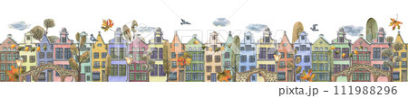 Ancient European houses are colorful, with autumn trees and leaves, stone bridges and lanterns. Hand drawn watercolor illustration. Seamless border is isolated from the background. 111988296