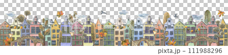 Ancient European houses are colorful, with autumn trees and leaves, stone bridges and lanterns. Hand drawn watercolor illustration. Seamless border is isolated from the background. 111988296
