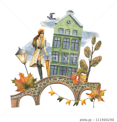 Ancient European houses are colorful, with autumn trees and leaves, with a girl in a raincoat with an umbrella. Hand drawn watercolor illustration. The composition is isolated from the background. Ancient European houses are colorful, with autumn trees and leaves, with a girl in a raincoat with an umbrella. Hand drawn watercolor illustration. The composition is isolated from the background. 111988298