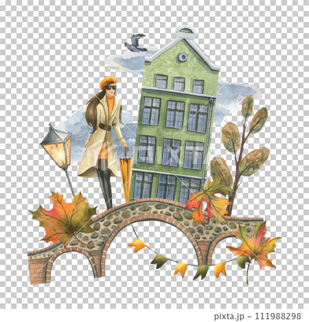 Ancient European houses are colorful, with autumn trees and leaves, with a girl in a raincoat with an umbrella. Hand drawn watercolor illustration. The composition is isolated from the background. Ancient European houses are colorful, with autumn trees and leaves, with a girl in a raincoat with an umbrella. Hand drawn watercolor illustration. The composition is isolated from the background. 111988298