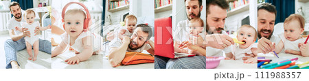 Collage. Happy young father spending time with his little daughter, baby at home. Learning, playing, communicating 111988357