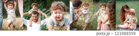 Collage. Happy young family, mother, father and little baby spending time outdoors, playing in nature on warm summer day 111988359