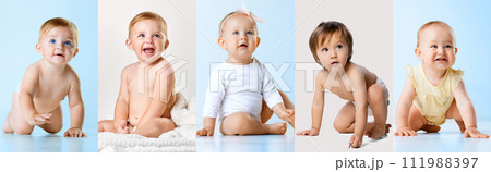 Collage made with image of adorable babies, boy and girl in diaper, sitting, crawling, playing over blue pink background 111988397