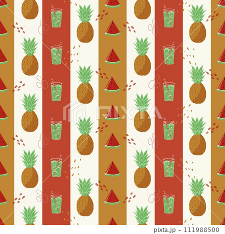 A delicious strip of brown and red with pineapple, watermelon and smoothie. Seamless pattern, summer pattern. A delicious strip of brown and red with pineapple, watermelon and smoothie. Seamless pattern, summer pattern. 111988500