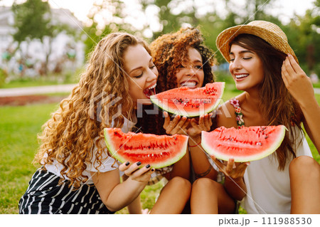 Cheerful happy friends camping on the grass, eating watermelon, laughing. Cheerful happy friends camping on the grass, eating watermelon, laughing. 111988530