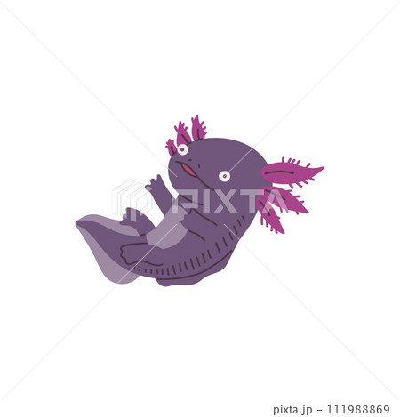 Cute floating purple Axolotl with paws, vector small friendly amphibian reptile, cartoon aquatic salamander creature 111988869