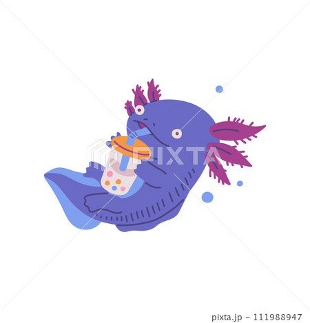 Cute floating blue Axolotl with paws drinks cocktail from a straw, vector small friendly amphibian, aquatic salamander 111988947