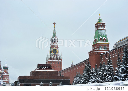view of the Spasskaya Tower of the Kremlin on Red Square in Moscow view of the Spasskaya Tower of the Kremlin on Red Square in Moscow 111988955