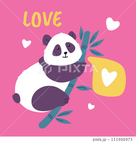 Squared banner with cute panda on bamboo tree flat style Squared banner with cute panda on bamboo tree flat style 111988973
