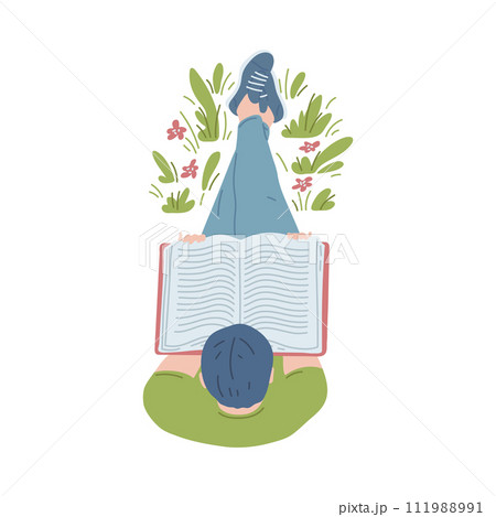 Overhead man reading book with enjoy and great interest in foliage, vector cartoon booklover character leisure top view 111988991
