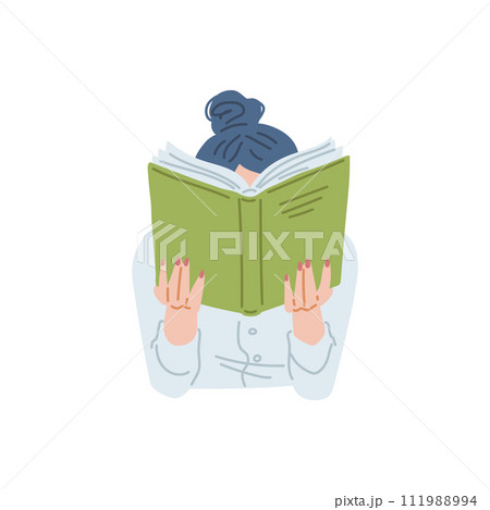 Young woman enjoy reading, behind a book, vector cartoon female booklover character, education leisure, self development Young woman enjoy reading, behind a book, vector cartoon female booklover character, education leisure, self development 111988994