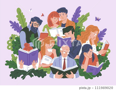 Banner or poster with group of people reading books, flat vector illustration. 111989020