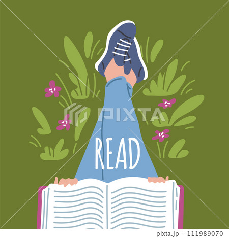 Overhead person reading book with enjoy and great interest in foliage, vector cartoon booklover character leisure poster 111989070