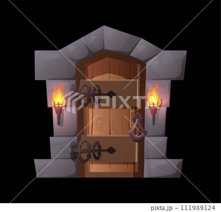 Medieval door to castle with burning torch, old vintage entrance from wood, stone arch metal hafts, vector game portal 111989124